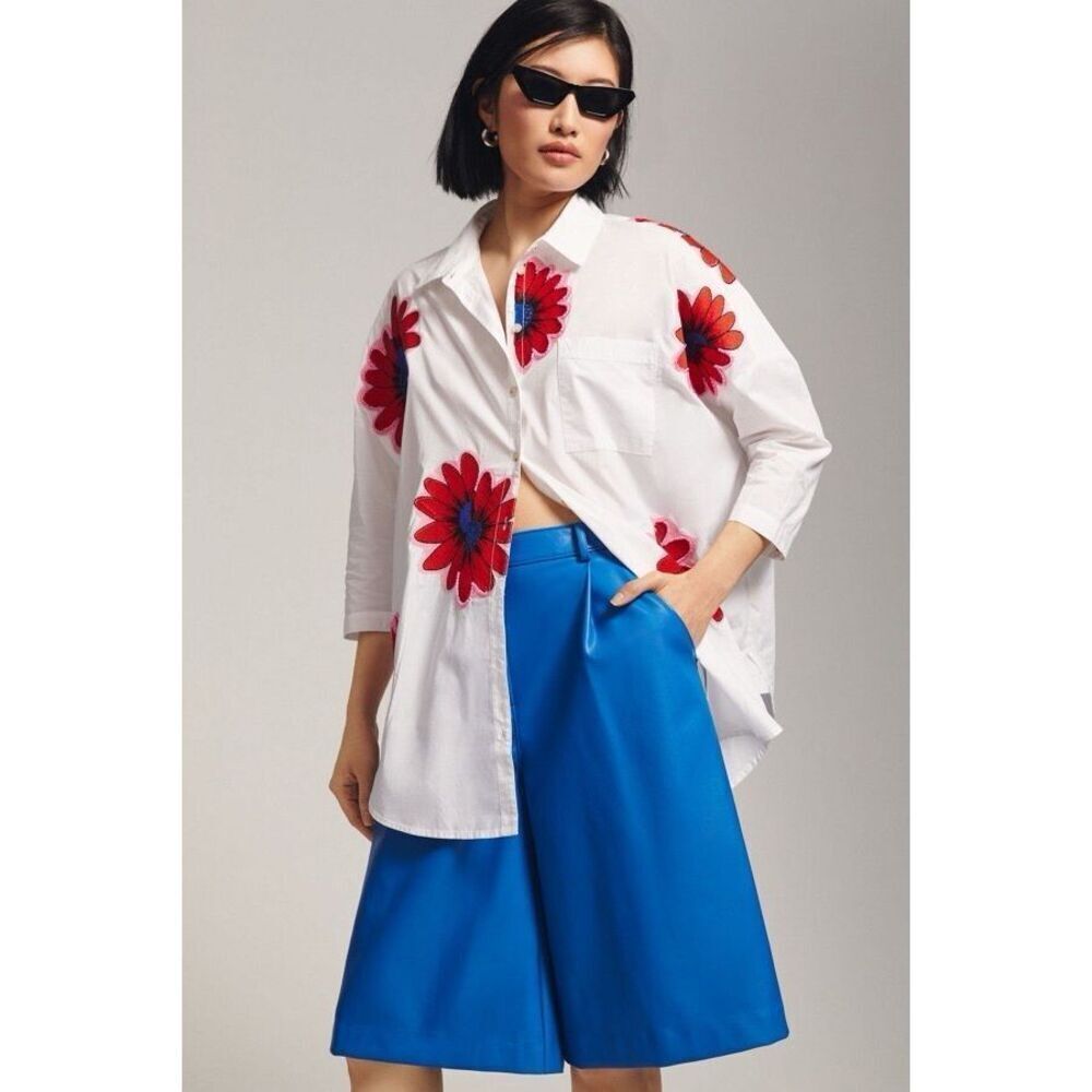 Anthropologie Maeve Embroidered Floral Blouse women's size XS S oversized NEW